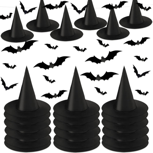 JMUQ 24 PCS Halloween Witch Hats,Hanging Witch Hats,With 3D Bats Stickers Witch Costume Accessory Decorations for Halloween Decorations Indoor Outdoor Yard Party Decorations