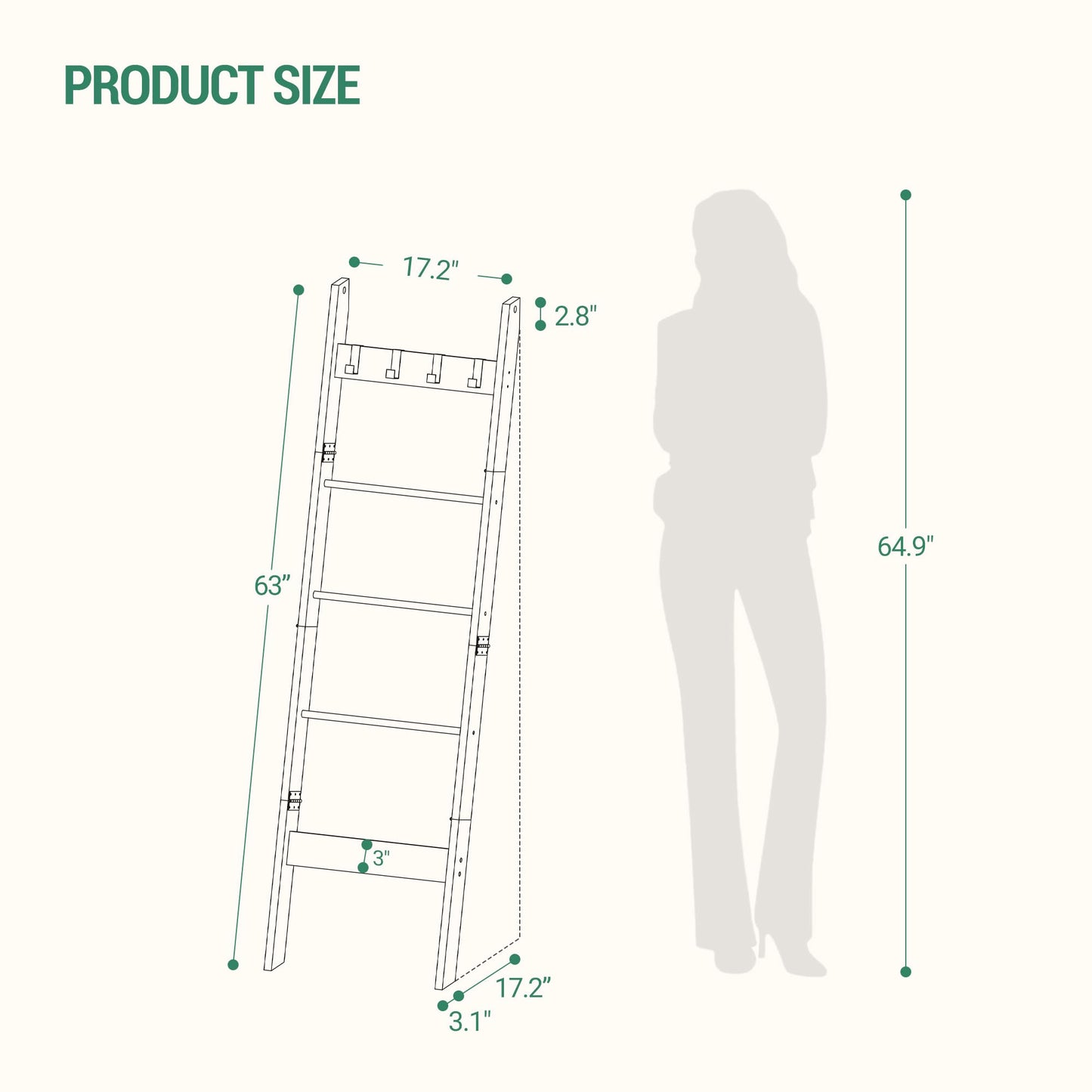 Hzuaneri Blanket Ladder for Living Room, Decorative Quilt Rack with 4 Removable Hooks, 5-Tier Farmhouse Ladder Holder Shelf Organizer for Bedroom, Rustic Brown and Black 02101BBR