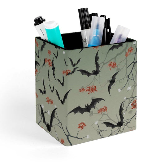 DerlonKaje Bats Square Leather Pen Holder, Minimalist Desk Organizer for Office Home School, Pencil & Stationery Storage Box, Gift for Students Teachers Colleagues