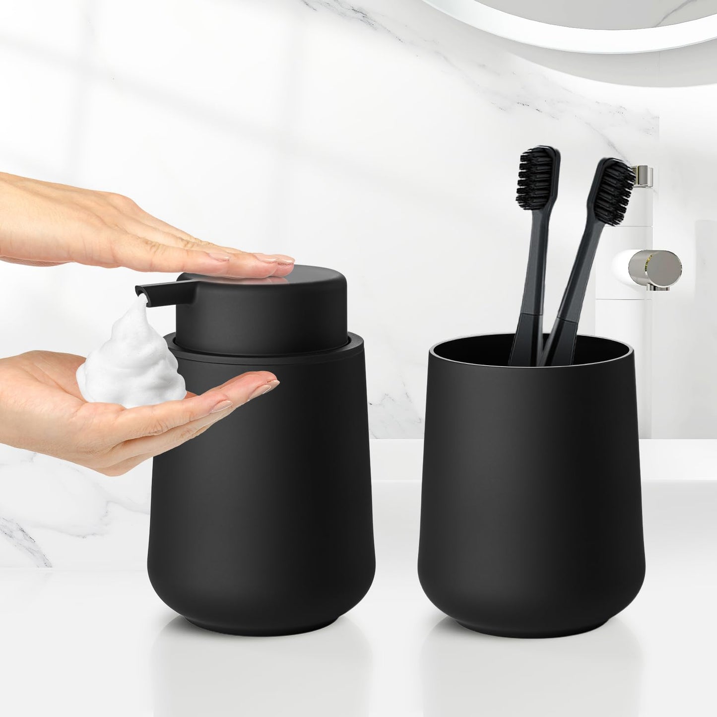 zuxzmj Matte Black Bathroom Toothbrush Holder Set Plastic Foaming Hand Soap Dispenser and Toothbrush Holders 2 Piece