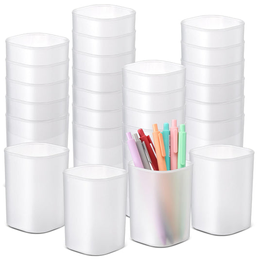 Weekgrat 30 Pack Pen Holder Pen Cups for Desk Organizers and Storage Stationery Plastic Matte Pencil Holder Cups Ins Style Transparent for Office School Supplies (White)