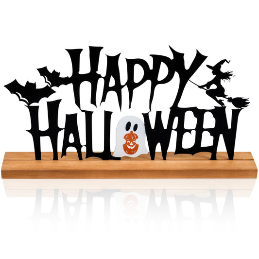 Metal Happy Halloween Sign Halloween Table Decor with Wooden Base Freestanding Rustic Table Decor for Indoor Home Tabletop Centerpiece Mantel Shelf Fireplace Decoration (Black)