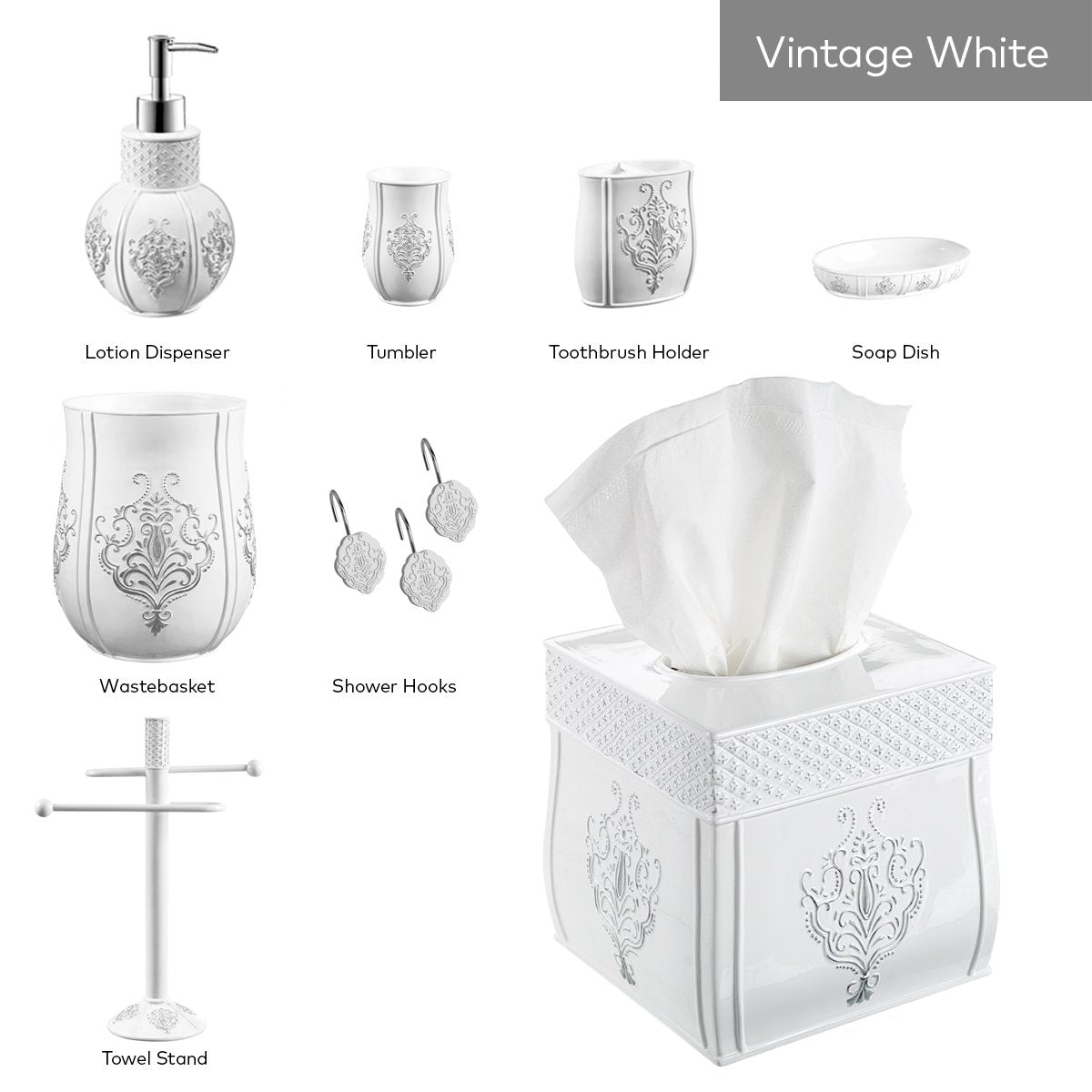 Vintage White Square Resin Tissue Box Cover with Bottom Slider