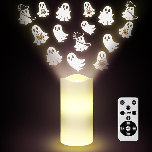 Baquler Halloween Projector Candle Ghost Projector Light Halloween Indoor Decoration Spooky Scary LED Flameless Candle Battery Operated Night Light with Remote Timer Bedroom Home Decor Party Gift