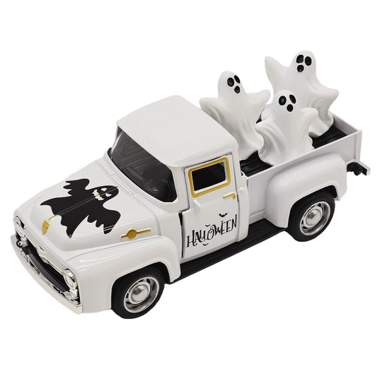 YimiBloss Halloween Decorations - Mini Cute Farmhouse Style Halloween Metal Truck Decor with 3 Removable Mini Ghost Ornaments for Tabletop, Tiered Tray, Shelf, Fireplace and Home Indoor Décor