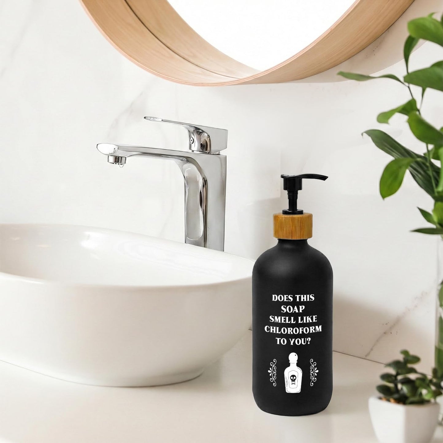 ChissNook Funny Gothic Soap Dispenser, Does This Smell Like Chloroform to You Glass Dish Soap Dispenser with Pump for Kitchen, Funny Bathroom Countertop Handsoap Refillable Container