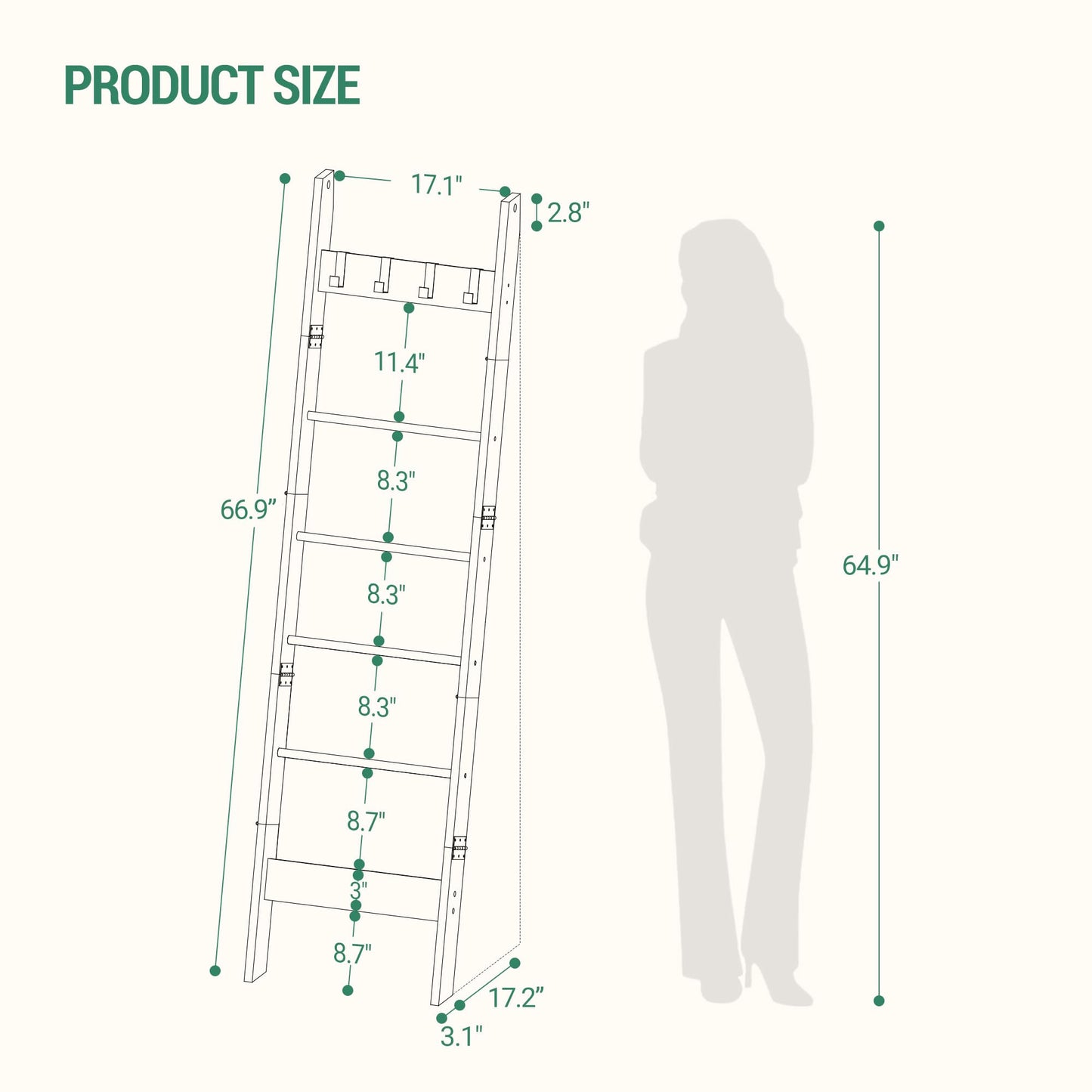 Hzuaneri Blanket Ladder for Living Room, Decorative Quilt Rack with 4 Removable Hooks, 6-Tier Farmhouse Ladder Holder Shelf Organizer for Bedroom, Black BR31504B