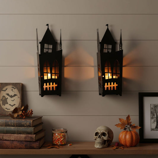 AIM & GGKK Gothic Castle Wall Sconce Candle Holder - Set of 2 Black Metal Haunted House Candle Sconces for Halloween Spooky Decor