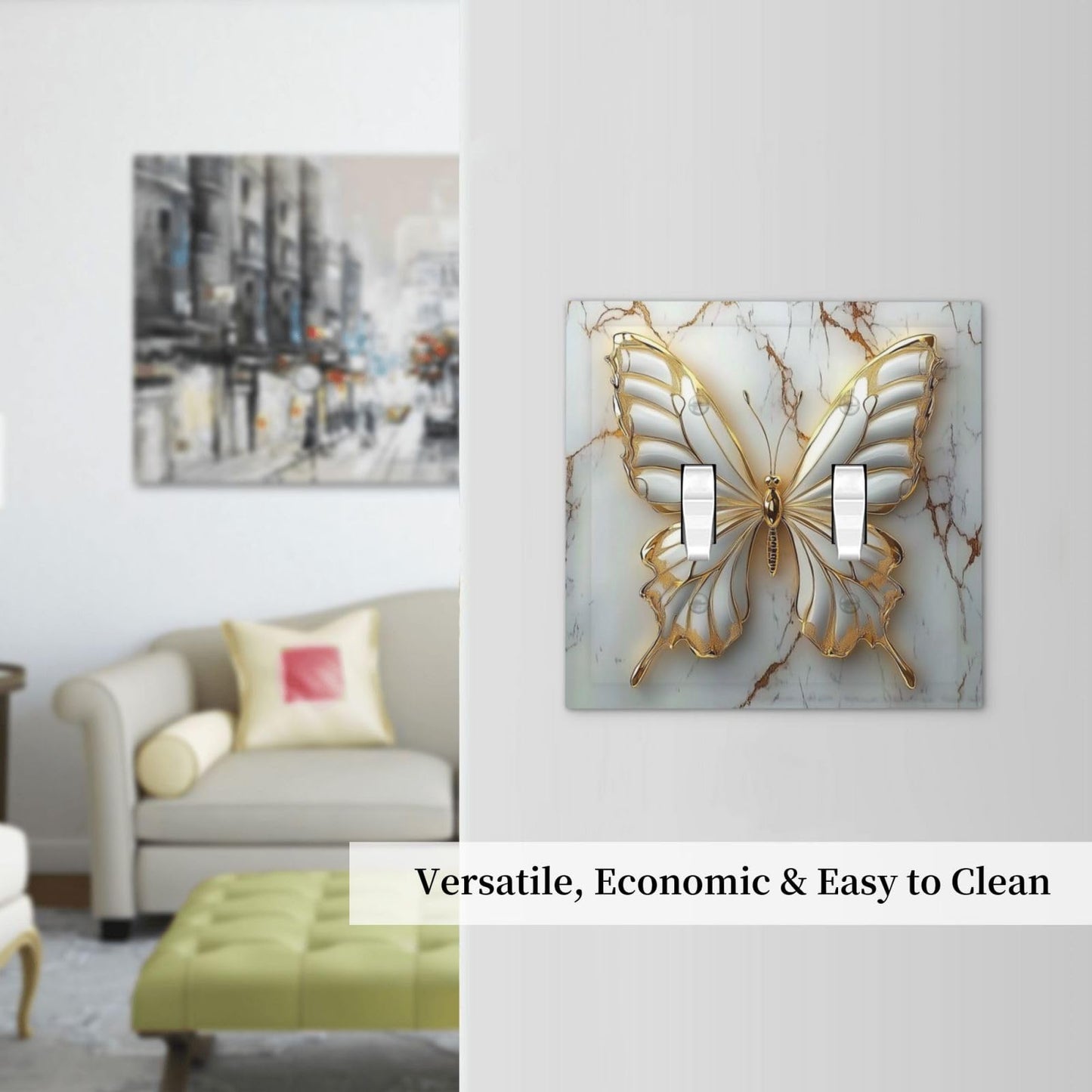 OILbiexn Decorative Light Switch Cover White Gold Abstract Modern Marble Butterfly 2 Gang Double Toggle Wall Plates Switch Plate Electrical Outlet Cover Decora Switch Plate for Bathroom Kitchen Decor