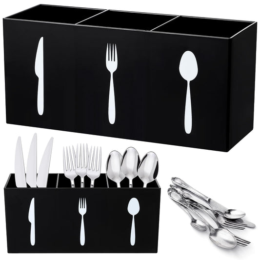 Suzile Acrylic Cutlery Storage Organizer Bin Silverware Caddy Countertop Knife Spoon and Fork Holder Kitchen 3 Section Tableware Storage Box for Cabinet Indoor Home Flatware Dining Room (Black,M)