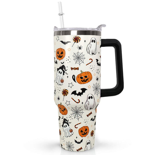 Ceovfoi 40 oz Halloween Pumpkin Tumbler Insulated Stainless Water Bottle Travel Coffee Cup, Water Bottle - Goth Ghost Witch Decor Gift for Women