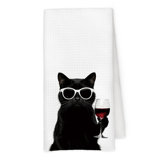 Qskjre Funny Black Cat Wine Kitchen Towels, Cat Mom Gifts for Women, Black and White Cats Decor, Wine Lover Gift Decorative Hand Tea Dish Towel for Kitchen Bar Cart Decor,16x24 Inch
