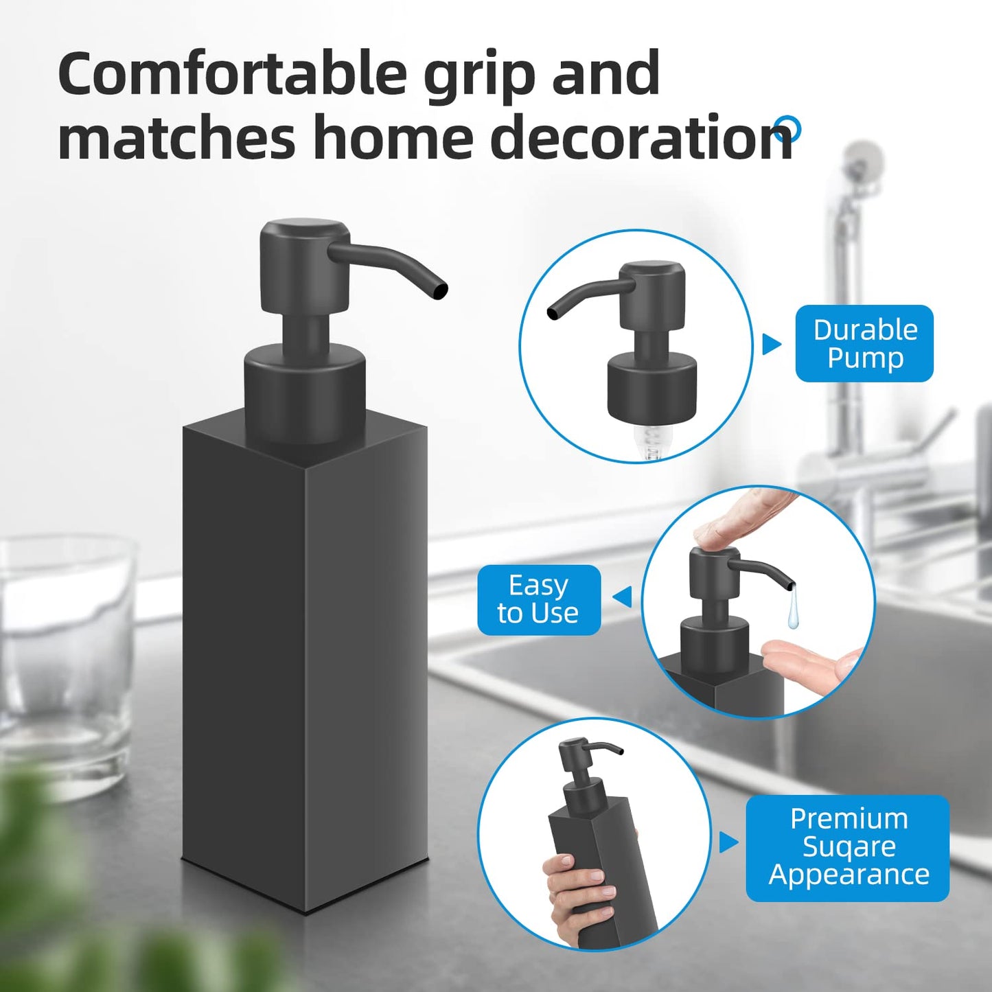 GLUBEE Black Soap Dispenser, Matte Black Stainless Steel, Rust-Proof Liquid Hand Dish Dispenser for Bathroom & Kitchen, 8.5 Oz Refillable Countertop Lotion Bottle (Square)