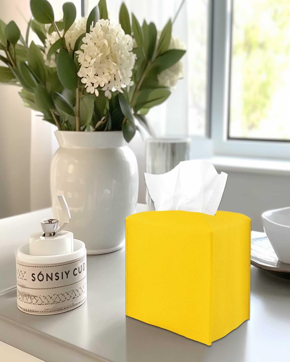 Yellow Tissue Box Cover Holder – with Bottom Belt [JESMINI, Lemon Yellow] Modern PU Leather Tissues Cube Box Cover Decorative for Bathroom Vanity Countertop/Night Stands/Office Desk, 5x5x5