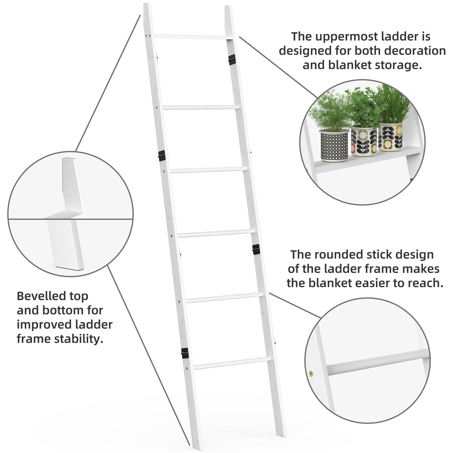 BAMBANG 6-Tier Blanket Ladder for Living Room, Blanket Quilt Ladder Rack Rustic Decorative Towel Holder, Wall Leaning Blanket Ladder Shelf Storage Farmhouse Decor for Bedroom Bathroom, White