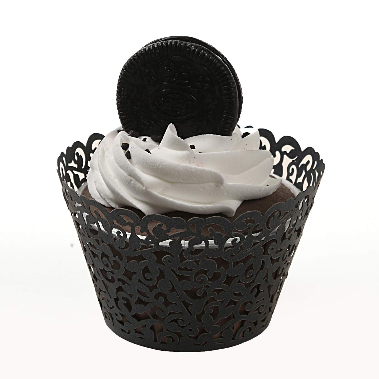 KPOSIYA Pack of 120 Cupcake Wrappers Artistic Bake Cake Paper Cups Vine Designed Laser Cut Cupcake Wraps Baking Cup Muffin Case Trays for Wedding Baby Shower Party Birthday Decoration (120, Black)