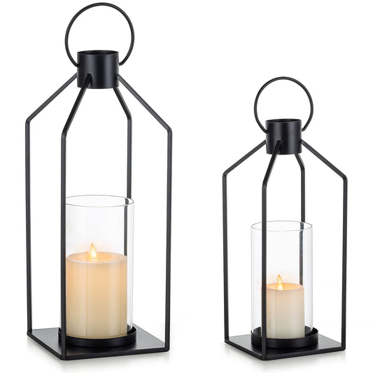 Nuptio Decorative Lantern Candle Holder: 2 Pcs Glass Hurricane Pillar Candles Holders Rustic Black Metal Hanging Lanterns Decor for Outdoor Wedding Farmhouse Home Fireplace Christmas Halloween