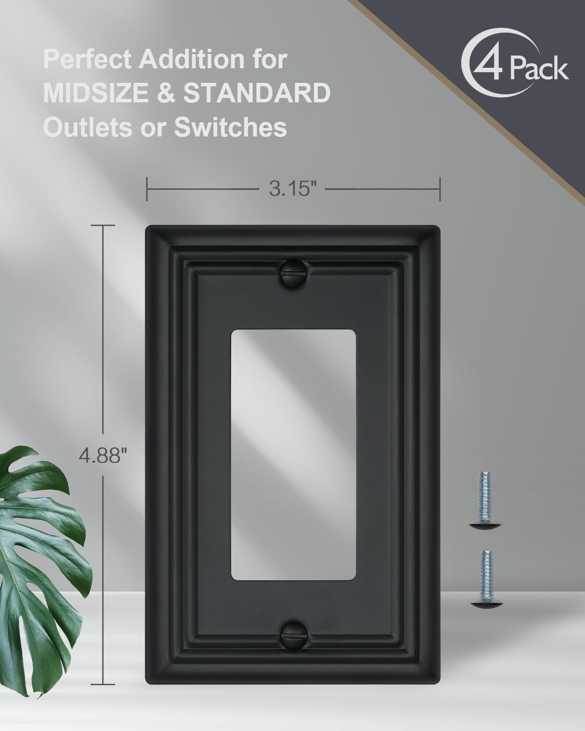 ZILLSEA Decorative Framed Design Switch Plates Outlet Covers, Duable Metal Wall Plates (Black/1 Decorator 4 Pack)