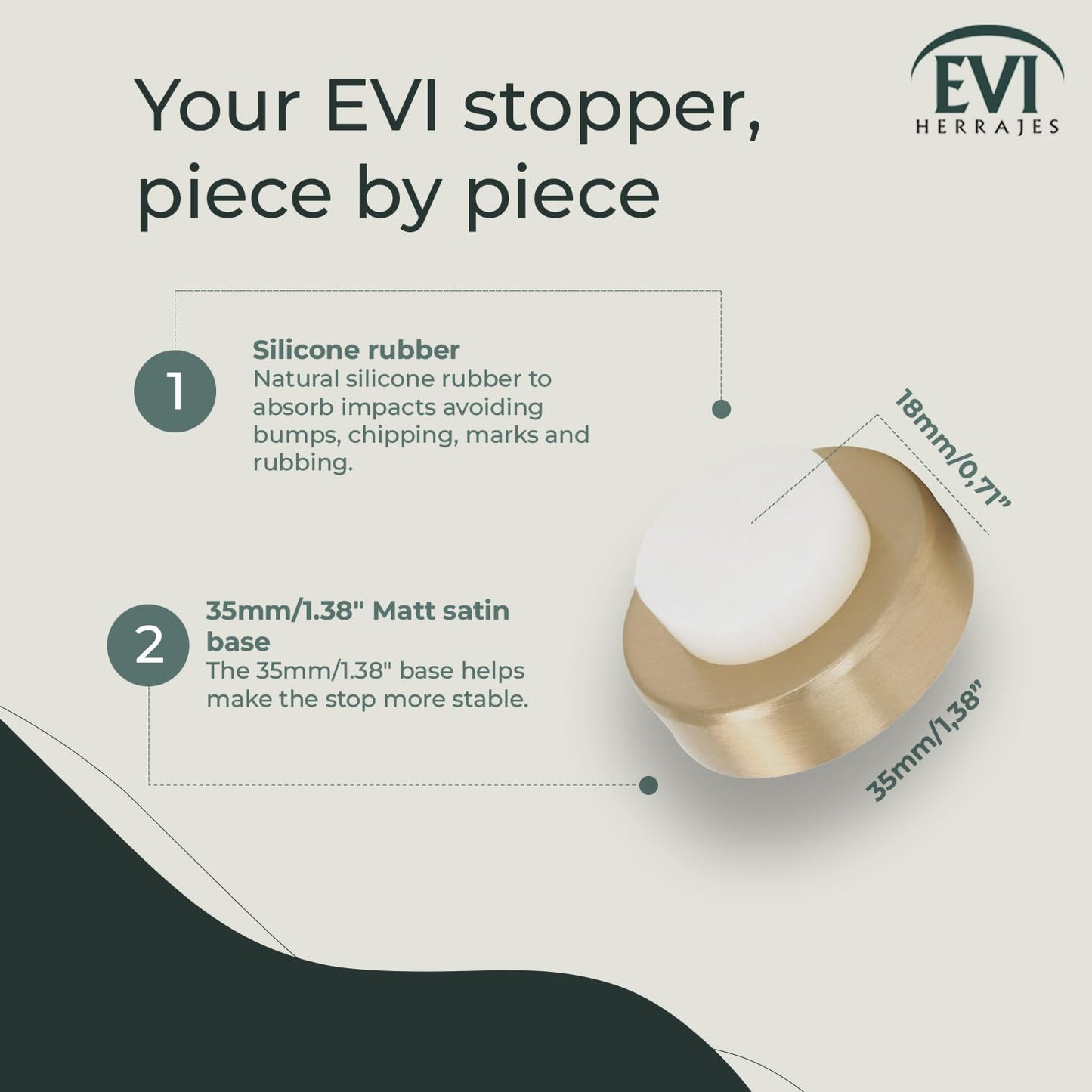 EVI | Wall Mounted Doorstop | 0.7'' x 1.37'' | Natural Silicone White Rubber | Adhesive or Screw Installation | Brass Finish | Mod. I-254