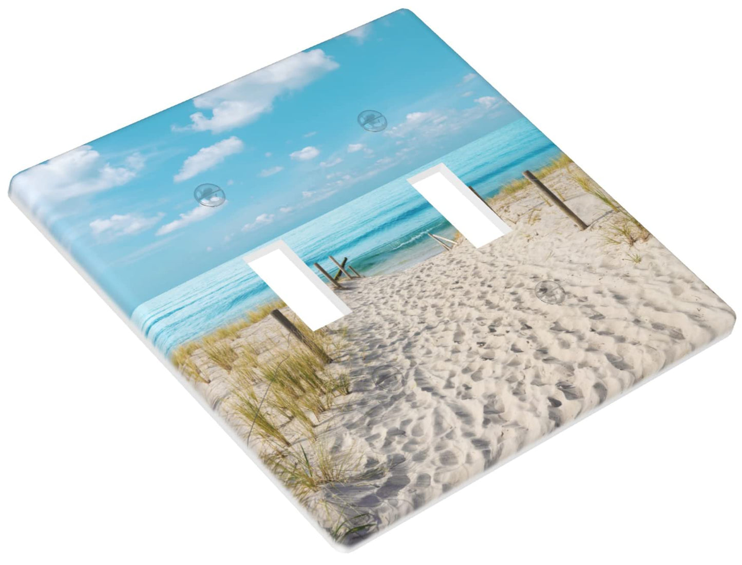 Blue Ocean White Sand Beach Double Toggle Wall Plate Covers 2 Gang Light Switch Cover Decorative Faceplate for Bathroom Bedroom Kitchen Room Decor Wallplate 4.5 x 4.5 in