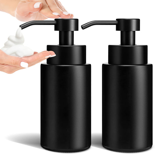 GMISUN Foaming Soap Dispenser, 10 Fl oz/300 ml Matte Black Glass Foaming Hand Soap Dispenser, 2Pcs Hand Soap Dispensers for Bathroom & Kitchen, Refillable Foam Soap Pump Bottle with Waterproof Labels