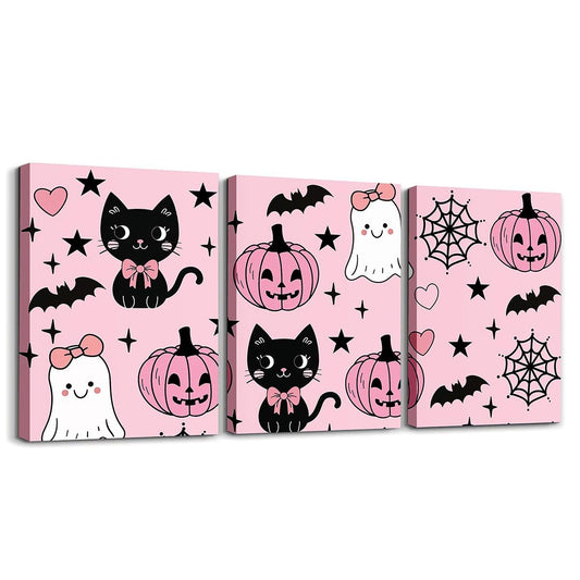 jejeloiu Halloween Decor Kids Canvas Wall Art for Living Room Bedroom Cartoon Ghost Picture Wall Decor for Bathroom Black Cat Boys Girls Artwork Posters Pumpkins Painting 12"x16"x 3Pcs