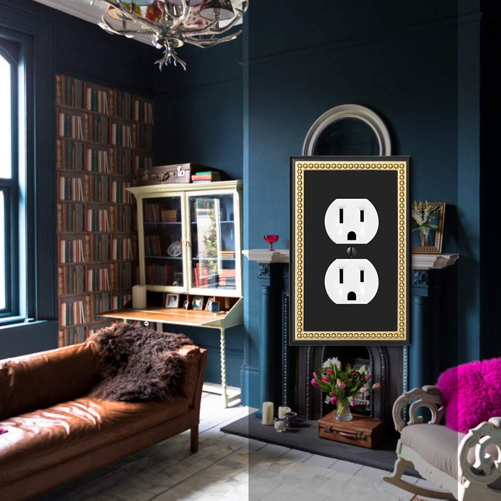 Pearled Frame Decorative Wall Plate Switch Plate Outlet Cover (Single Duplex 2PK, Black & Dark Golden)