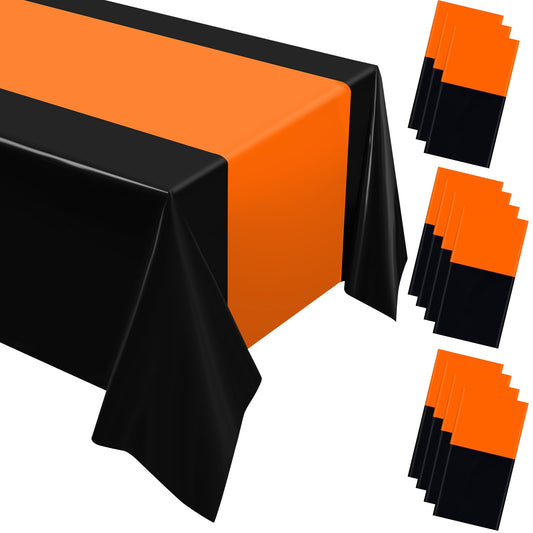 Oudain 12 Pcs Disposable Plastic Tablecloths 54" x 108" for Rectangle Tables Cloths Waterproof Table Cover for Graduation Wedding Baby Shower Birthdays Party Decoration (Orange,Black)