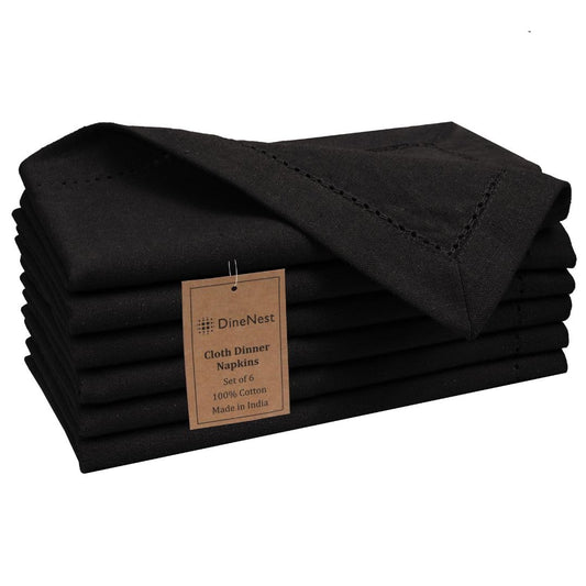 DineNest Hemstitch Cloth Dinner Napkins 100% Cotton Set of 6 - for Dining Special Occasions Weddings Parties Holidays Easter - Soft Durable Reusable - 18x18 Inch Table Cloth Napkins Black