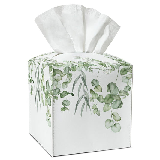 Watercolor Green Leaves Tissue Box Covers Square, Leather Tissue Box Holders Decorative for Car Nightstand Home Office Bathroom Organizer, Square Facial Paper Organizer Home Decor -009