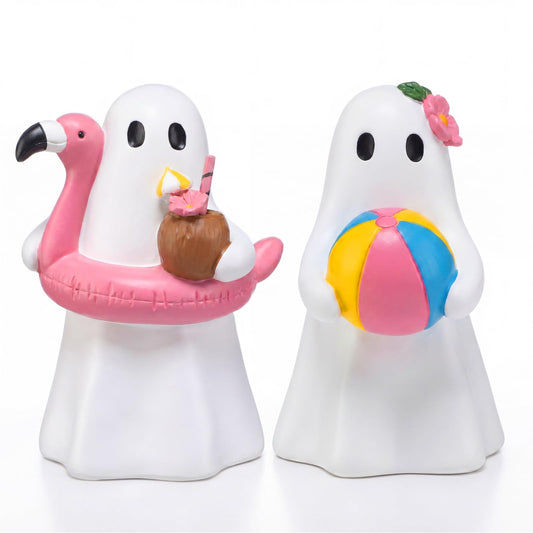 Blulu 2 Pcs Summer Halloween Ghost Figure Decor Resin 6 Inch Beach Pool Party Decoration Cute Kawaii Spooky Summer Halloween Hawaii Gift Decor Funny Ghost Statue Tabletop Indoor Outdoor Home