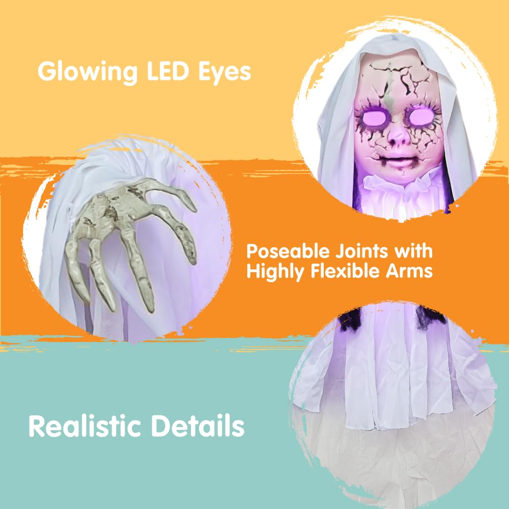 JOYIN 43" Outdoor Halloween Decoration, Scary Girl Hanging Ghost Decor with Light-up Head for Yard, Patio, Haunted House Lawn Garden