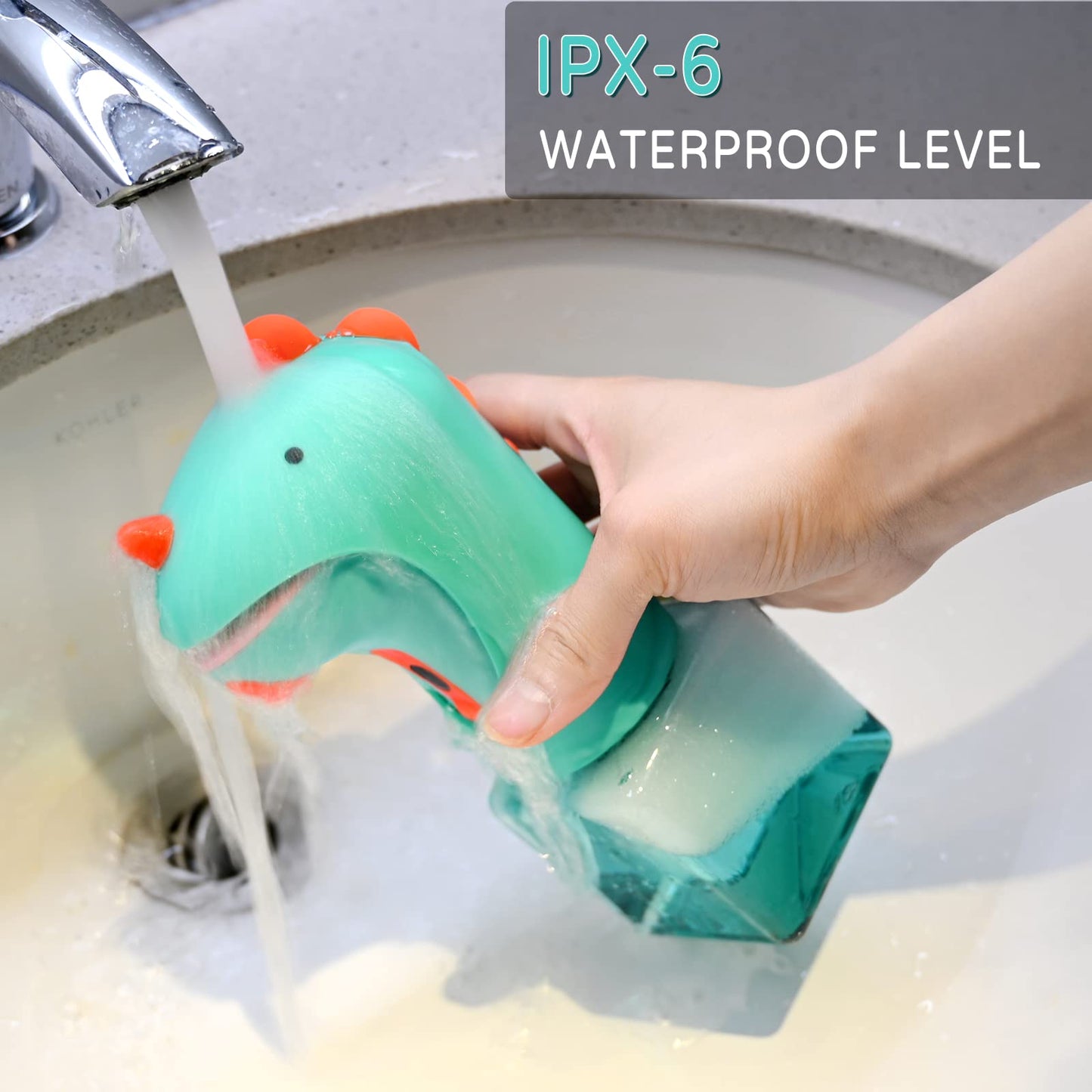 CADUFUELLY Automatic Soap Dispenser, Cute Touchless Foaming Soap Dispenser, IPX6 Waterproof, 2 Levels Foam Adjustable, Smart Hand Dispenser for Bathroom Kitchen 8.7oz/250ml (Dinosaur)