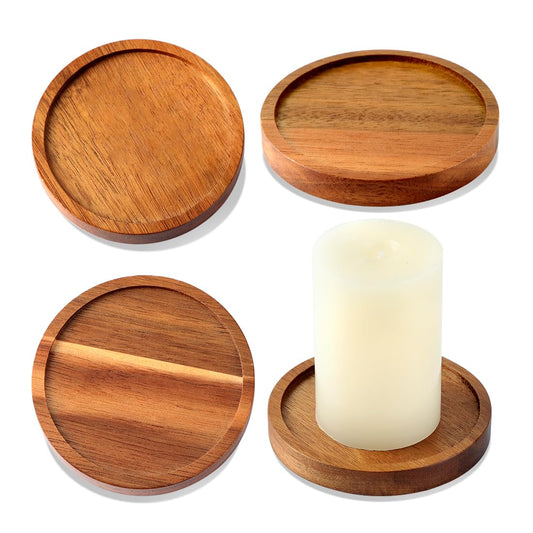 Wood Candle Holder Farmhouse Decor - HALE OTEIR Wooden Pillar Candles Holder for Pillar Floating Candles Set of 4 Round Wooden Plate Pedestal Stand for Coffee Table for Christmas Decor