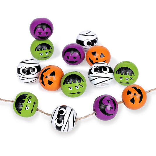 Whaline 160Pcs Halloween Wood Beads Pumpkin Vampire Mummy Skeleton Round Beads Novelty Character Painted Colored Smooth Wooden Spacer Bead for Halloween Party Jewelry Making DIY Craft Home Decor