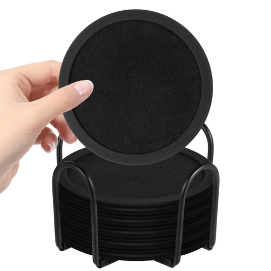 Sleek Absorbent Coasters with Holder – Silicone Cup Mat with Removable Felt Insert Non-Slip, Non-Stick, for Coffee Tables, Kitchen Décor – Set of 6 Coasters (Black)