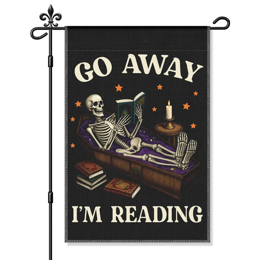Xipromi Go Away I'm Reading Garden Flag, Funny Skeleton Spooky Halloween Flags for Outside, Porch Outdoor Fall Yard Decor for Book Lovers, Reading Gifts Librarian Gifts for Friend