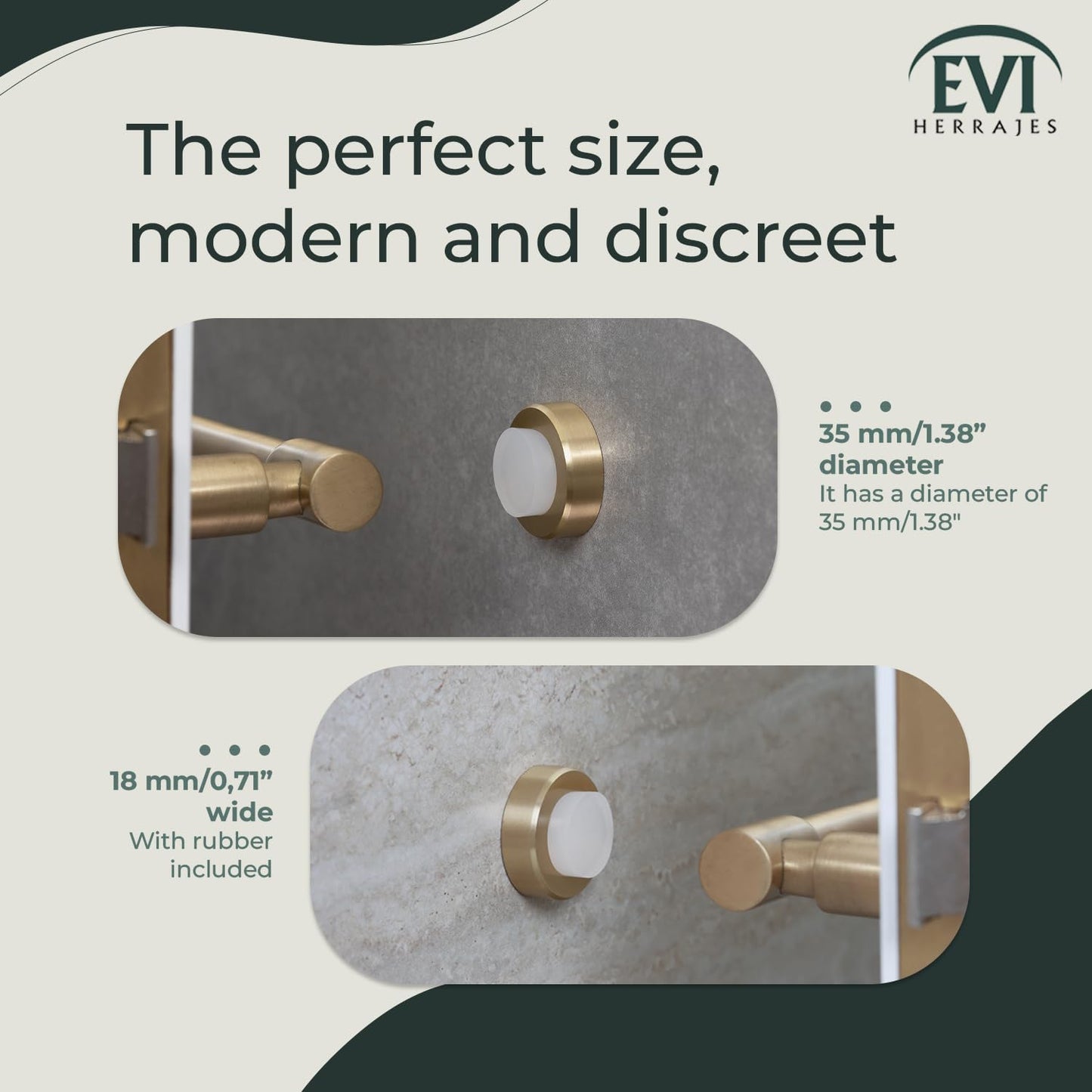 EVI | Wall Mounted Doorstop | 0.7'' x 1.37'' | Natural Silicone White Rubber | Adhesive or Screw Installation | Brass Finish | Mod. I-254