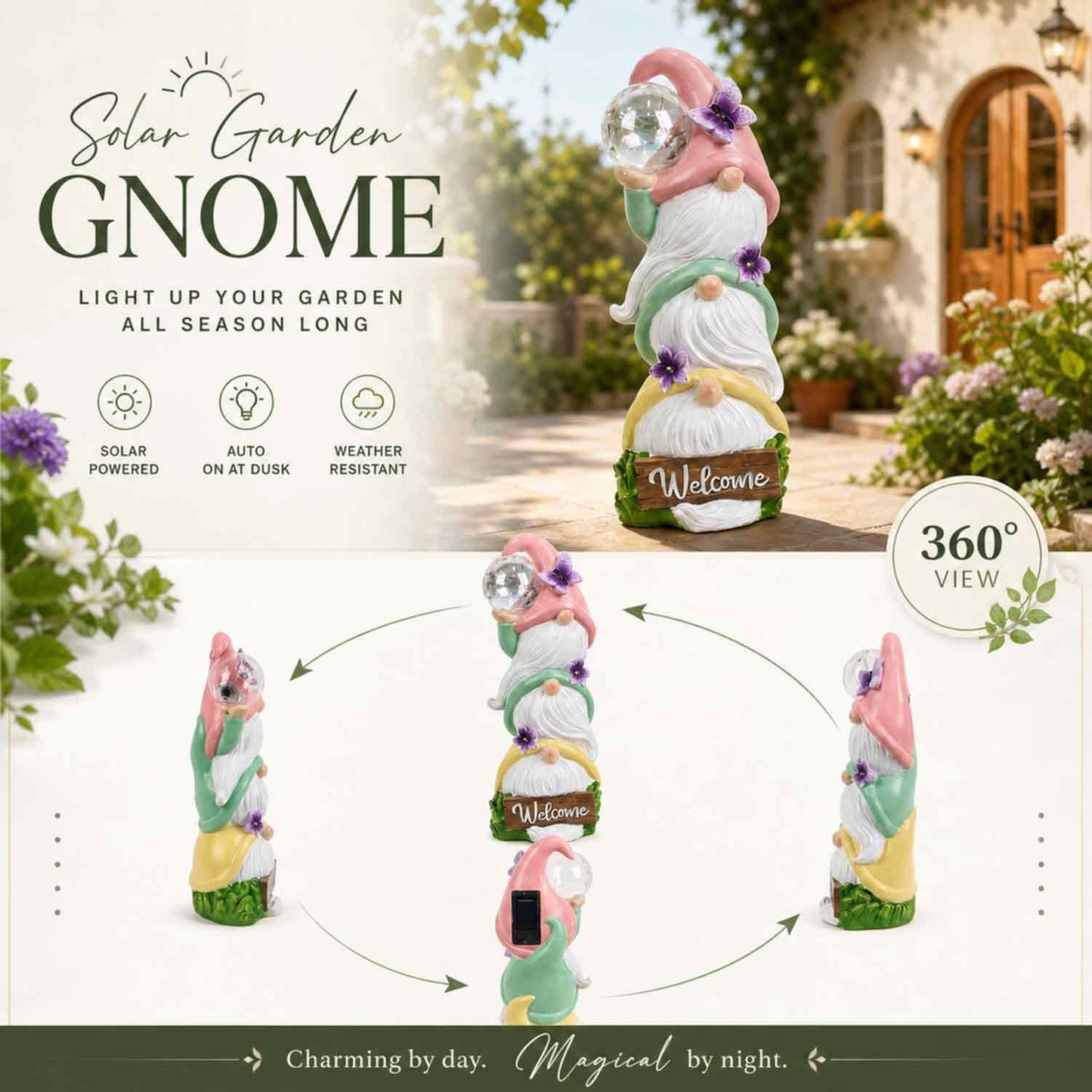 Large Garden Gnome Statues Solar Lights, Waterproof Outdoor 3 Stacked Spring Gnomes Sculptures Gifts Idea for Birthday Mother Father Day Christmas Thanksgiving 12 Inch Welcome Sign Porch Decor