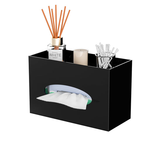 Hongtuocb Black Acrylic Tissue Box Cover Rectangular,Acrylic Tissue Dispenser with Storage Tray for Bathroom Kitchen Home Office (Black, 9.85x4.5x6.3)