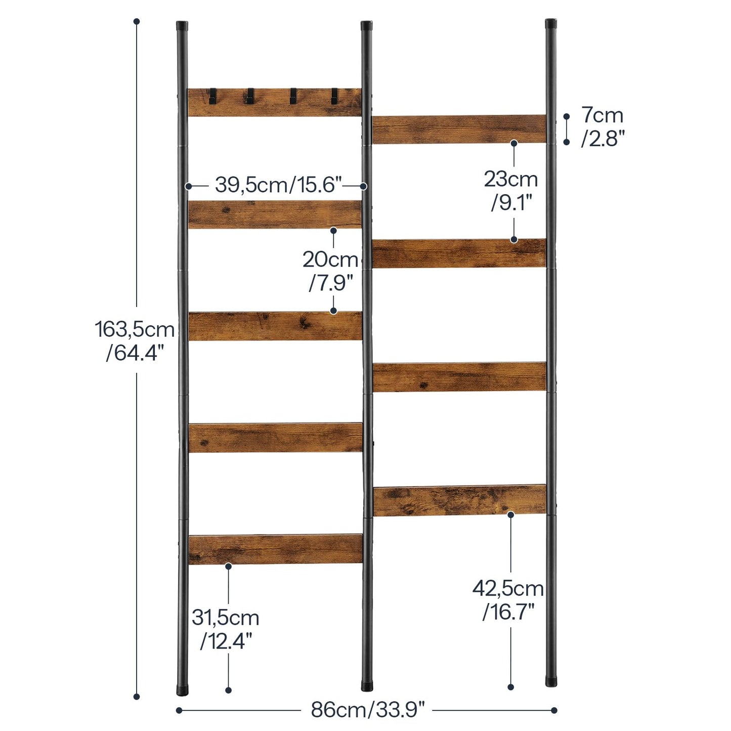 HOOBRO Blanket Ladder, 33.9" L Wall-Leaning Towel Rack, Double Row Blanket Rack for Large Capacity, Metal Frame, Anti-Tip Design, Blanket Holder for Living Room, Bathroom, Rustic Brown BF17CJ01