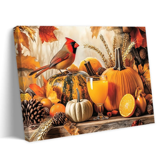 CCWORKERRY Fall Pumpkin Bird Wall Art Canvas Print Farmhouse Autumn Cardinal Painting Rustic Thanksgiving Home Decor for Kitchen Framed(Red,12L x 18W)
