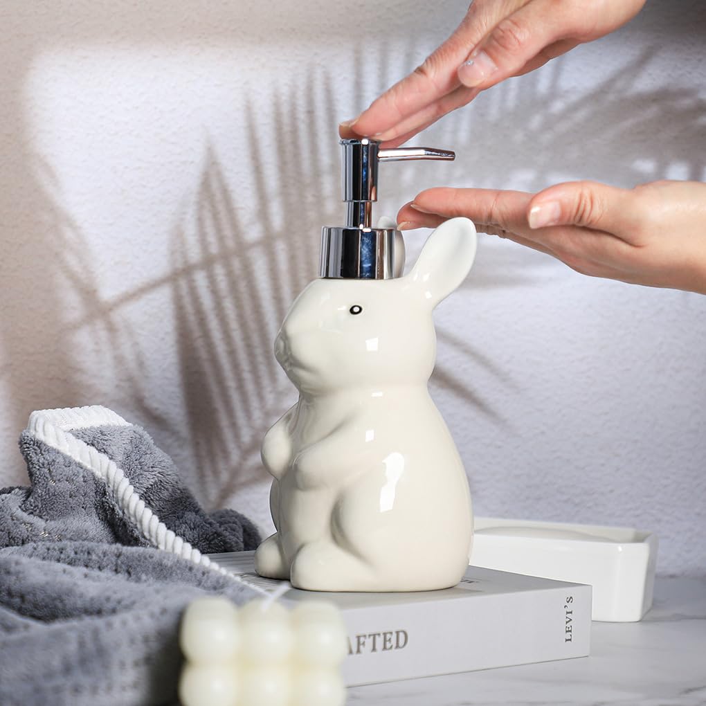 WAIT FLY Rabbit Ceramic Soap Dispenser with Plastic Pump, Refillable Lotion Bottle