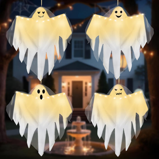 4 Pack Halloween Light up Hanging Ghost Decoration Outdoor, Cute Halloween Decor 31.5" Flying Ghosts with Warm LED Light and Timer for Front Yard Porch Patio Lawn Garden Party Decor Indoor Outdoor