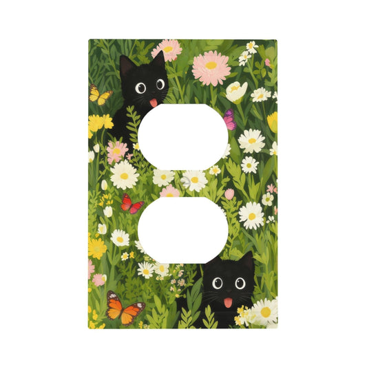 YITRREWZ Cute Funny Black Cats Floral Butterfly Duplex Outlet Covers Light Switch Covers Decorative Boho Colorful Flower Green Plant Switchplate Electrical Faceplate for Bathroom Kitchen Bedroom Decor