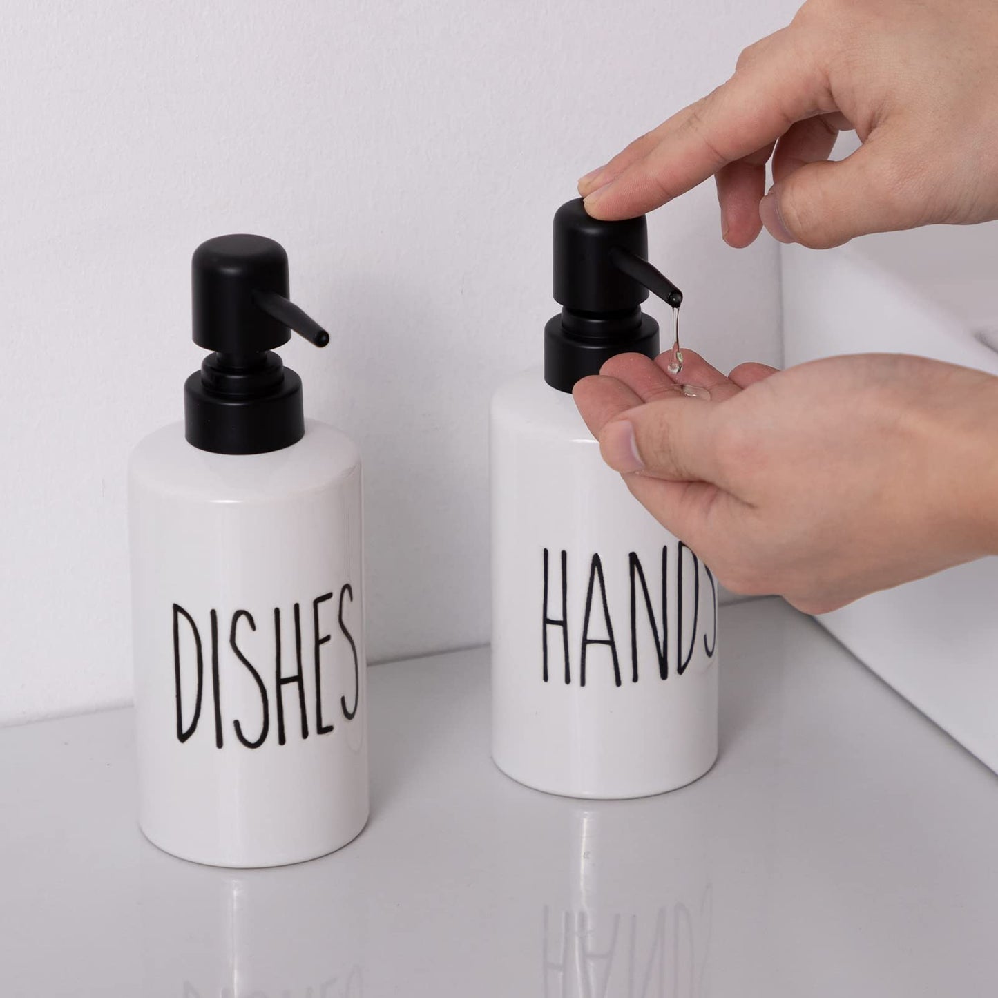 FE Hand Soap Dispenser, 10oz Ceramic Soap Dispenser for Bathroom with Plastic Pump(Hands)