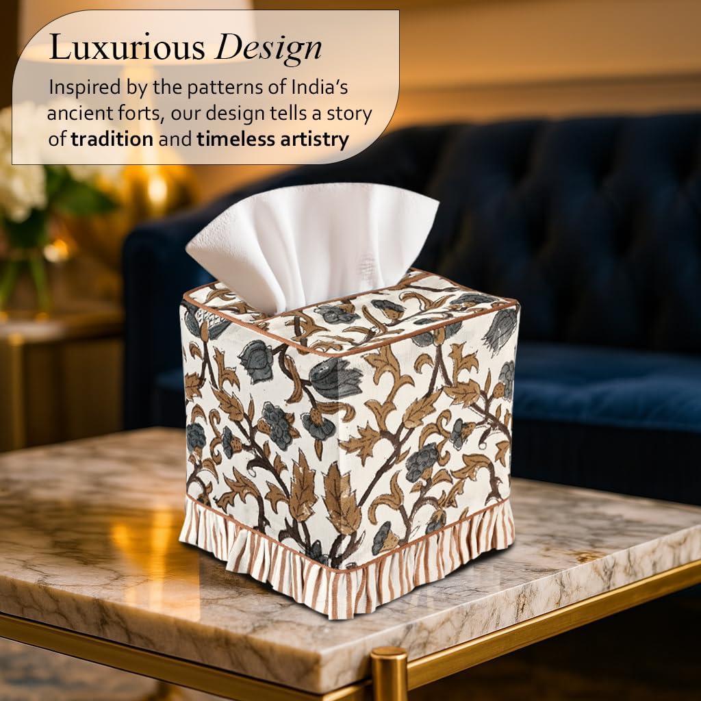 CPC Autumn Vine Hand Block Print Cotton Ruffle Tissue Box Cover 4.5"x4.5"x5"Inch, Square Decorative Tissue Holder Cover for Bathroom, Living Room, Bedroom, Home Décor, Vanity, Car Gift for Summer