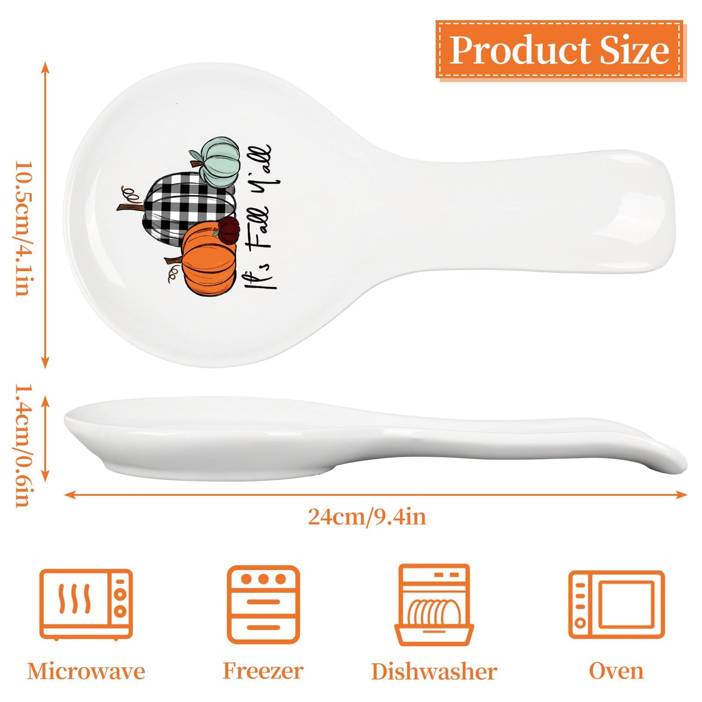 Whaline 9.4 Inch Fall Spoon Rest Orange Green Plaid Pumpkin Ceramic Utensil Rest Fall Y'all Cooking Spoon Holder for Autumn Thanksgiving Stove Top Kitchen Counter Decor
