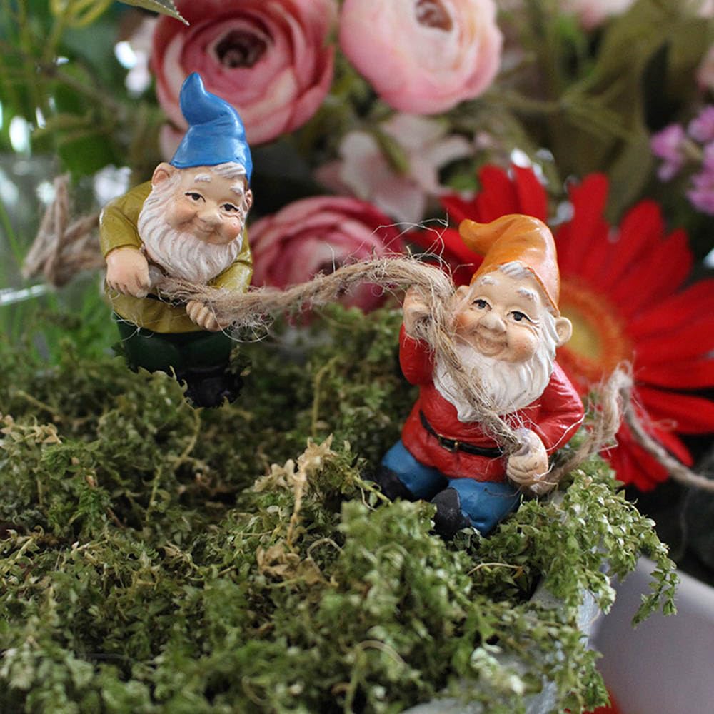 OJTNELDT Garden Gnome Figurines Set of 4, Resin Fairy Garden Gnomes with Rope, Funny Outdoor Plant Pot Decorations for Succulents, Terrariums, Miniature Garden, Patio & Indoor Planters