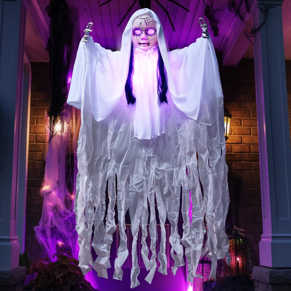 JOYIN 43" Outdoor Halloween Decoration, Scary Girl Hanging Ghost Decor with Light-up Head for Yard, Patio, Haunted House Lawn Garden